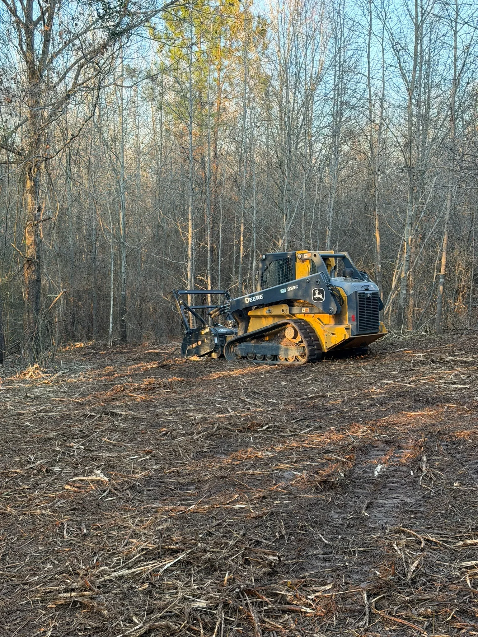 Forestry mulcher working in wooded terrain